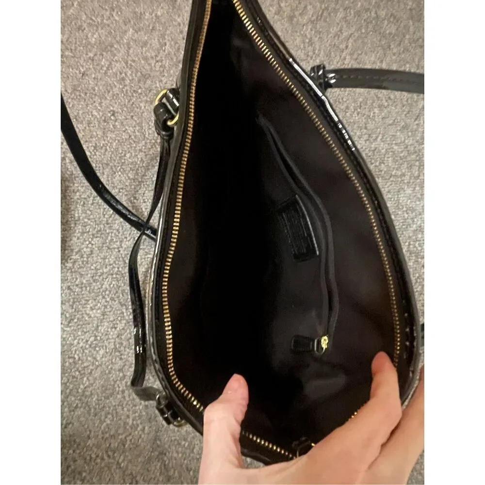 COACH Women's Black Op Art Glossy Patent‎ Leather Tote Bag Purse - Picture 7 of 12